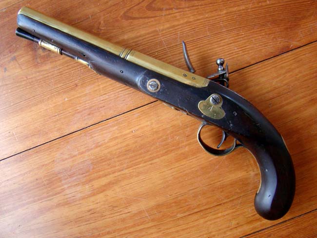 A pair of English flintlock brass barreled coaching pistols by John Bennett circa 1790 — image 6